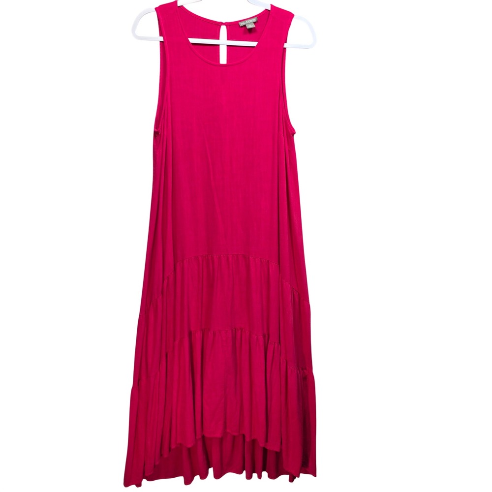 Falls Creek Pink Rayon Linen Tiered Maxi Dress Sz M High Low Trapeze Sleeveless